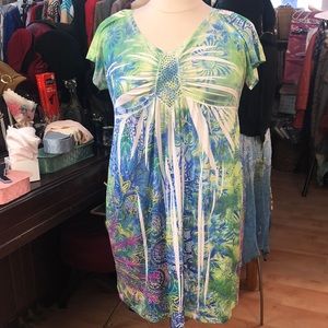 Apt. 9 - 2X - silky Jersey mini Dress- green & blue psychedelic print -plus size